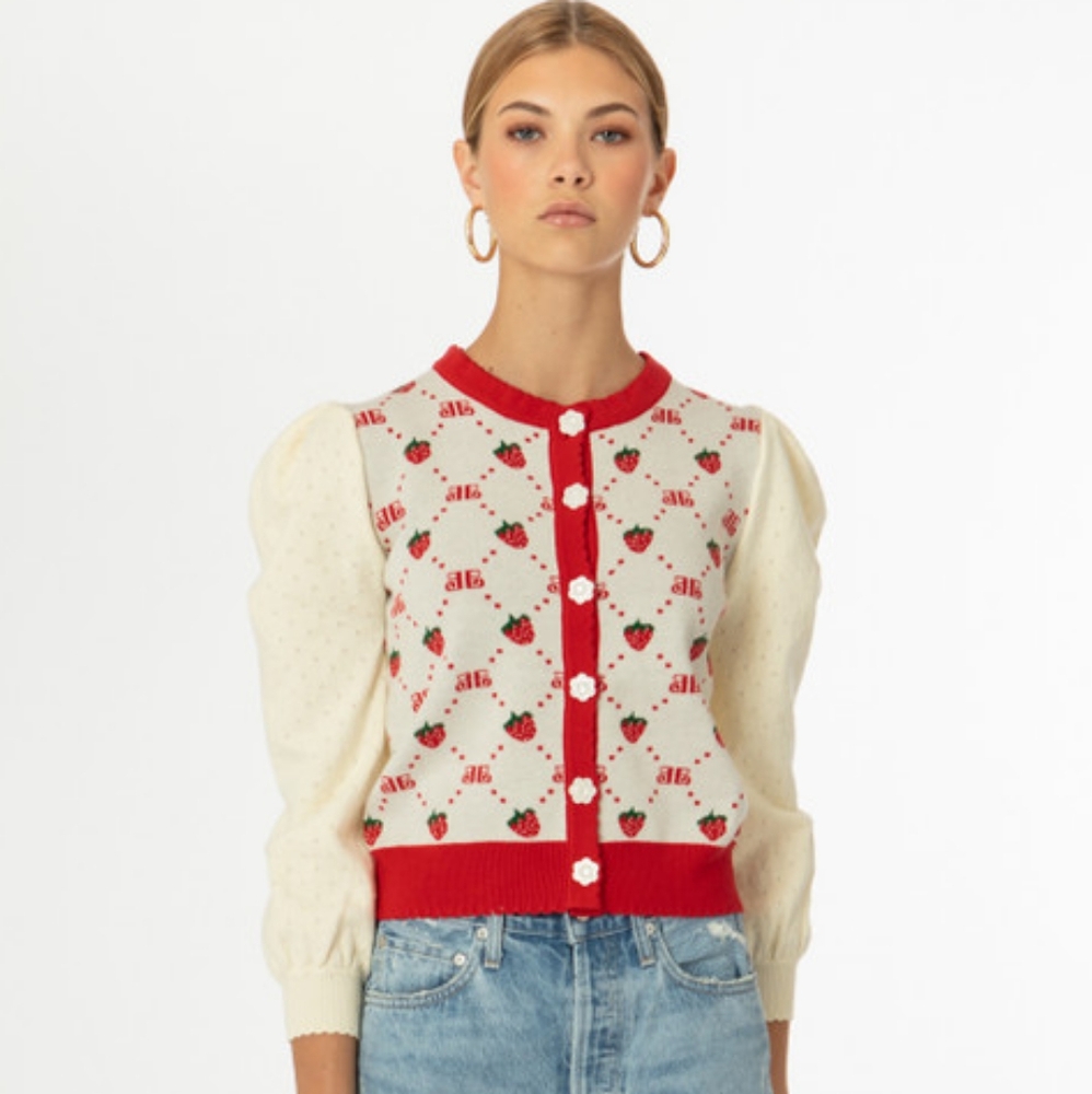 EllandEmm Monogram Strawberry Cream & Red Button Front Pointelle Cardigan S/M